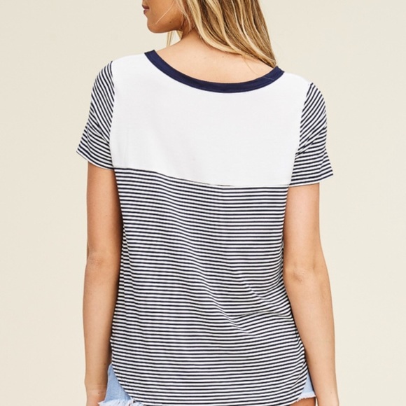 🔴 Pocket Tee Shirt Striped Crew Neck Navy White - Picture 4 of 4